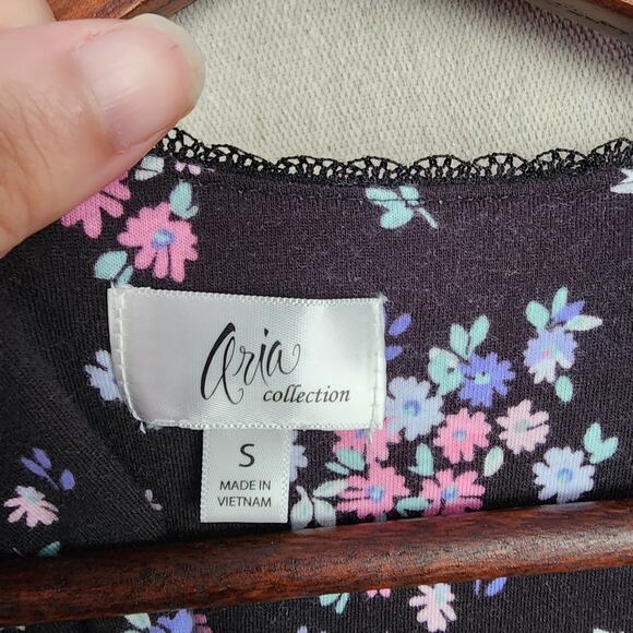 Aria Women's Nightgown Size S Black Floral Pintuck Short Sleeve Sleepwear - Picture 5 of 11